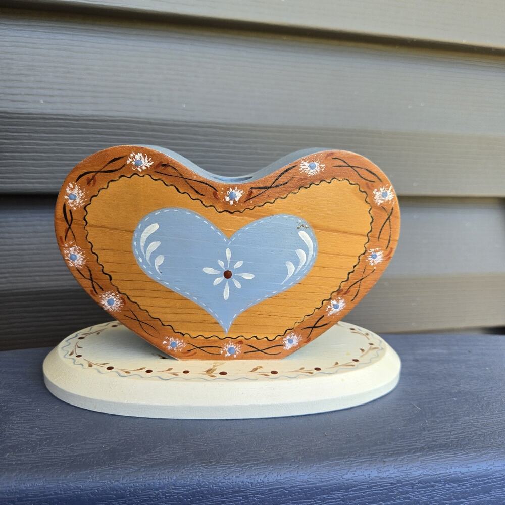 VTG Folk Art WoodCandle Holder Hand Painted Country Cottage Romantic Heart